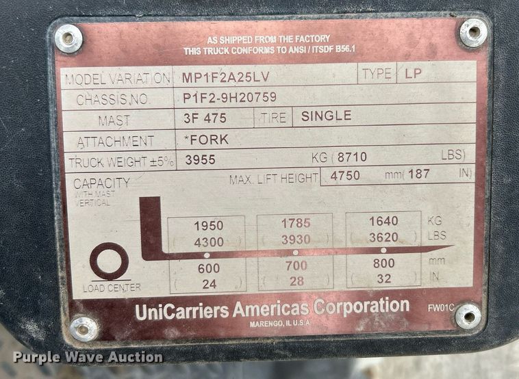 image for item DW8720 2016 UniCarriers PF50 forklift