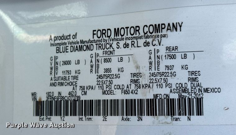 image for item DY0024 2012 Ford F650 Super Duty flatbed truck