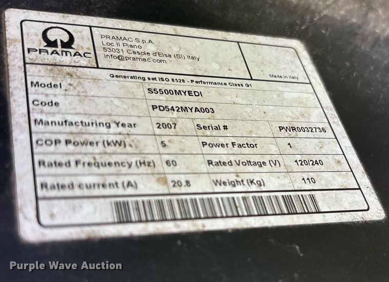 image for item DY0515 2007 Pramac S5500MYEDI generator