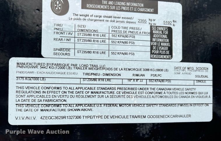 image for item DY0519 2024 Load Trail TRA/REM Gooseneck Carhauler equipment trailer