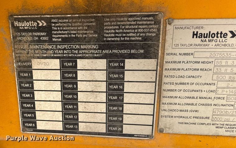 image for item DZ4150 2020 Haulotte 5533A boom lift