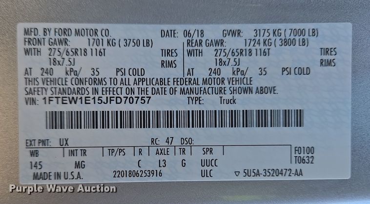 image for item EC3953 2018 Ford F150 XLT SuperCrew pickup truck