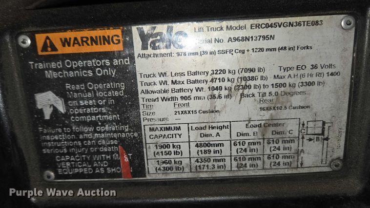 image for item EC4251 Yale ERC045VGN36TE083 forklift