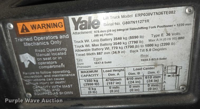 image for item EC4252 Yale ERP030VTN36TE082 forklift