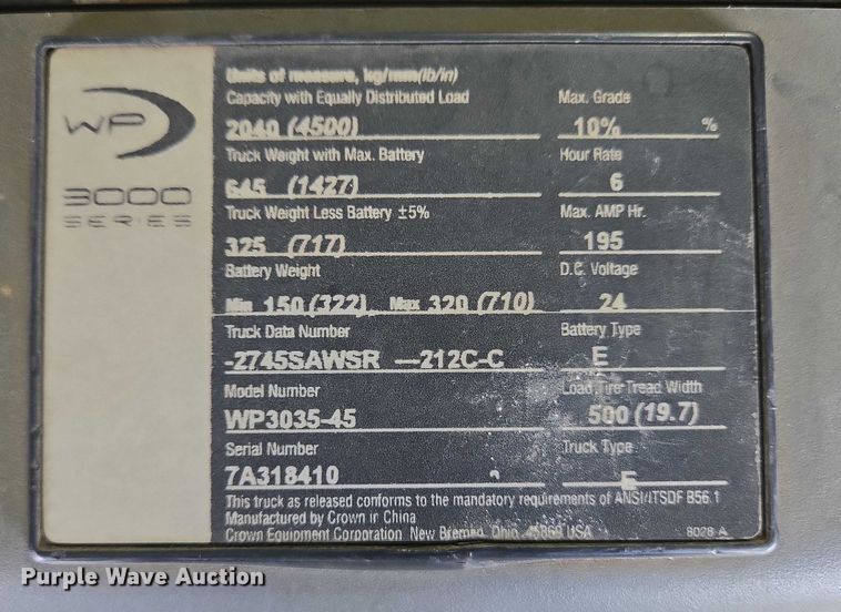 image for item EC4271 2018 Crown WP3035-45 pallet jack
