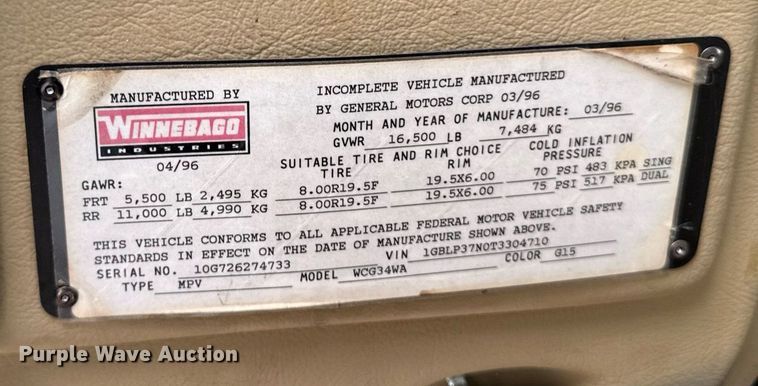 image for item EC7981 1996 Winnebago WCG34WA RV