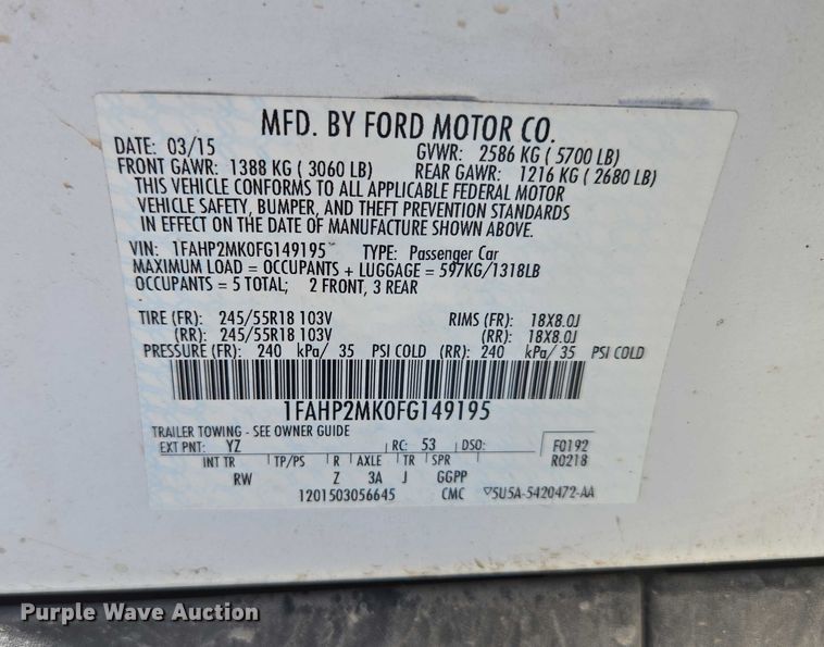 image for item ED1998 2015 Ford Taurus Police Interceptor 