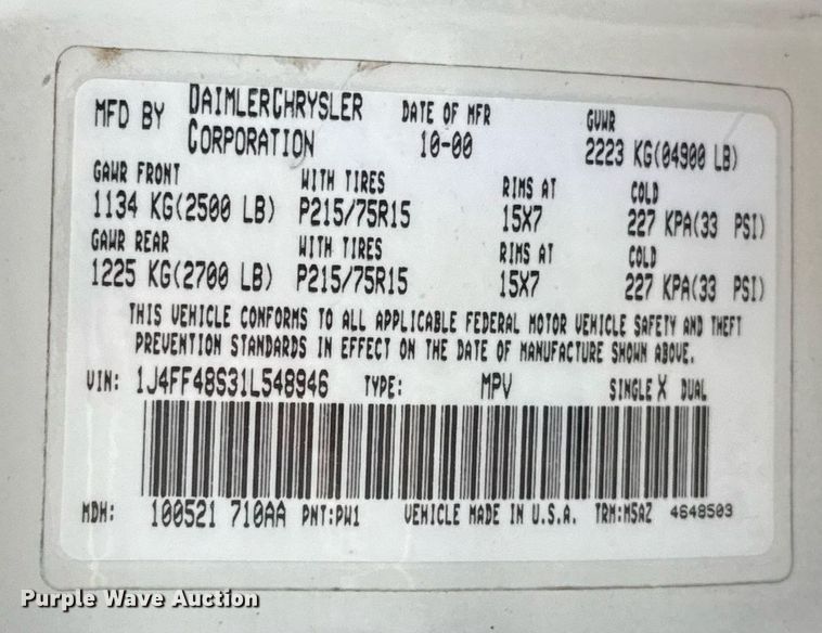 image for item EJ4496 2001 Jeep Cherokee SUV