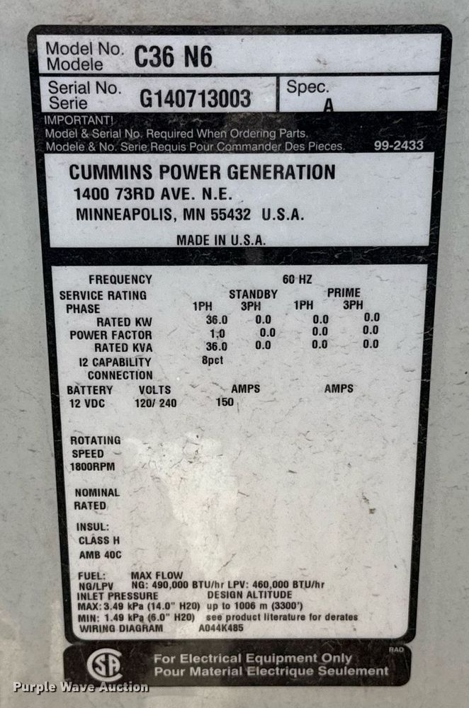 image for item EJ4556 2014 Cummins C36 N6 generator
