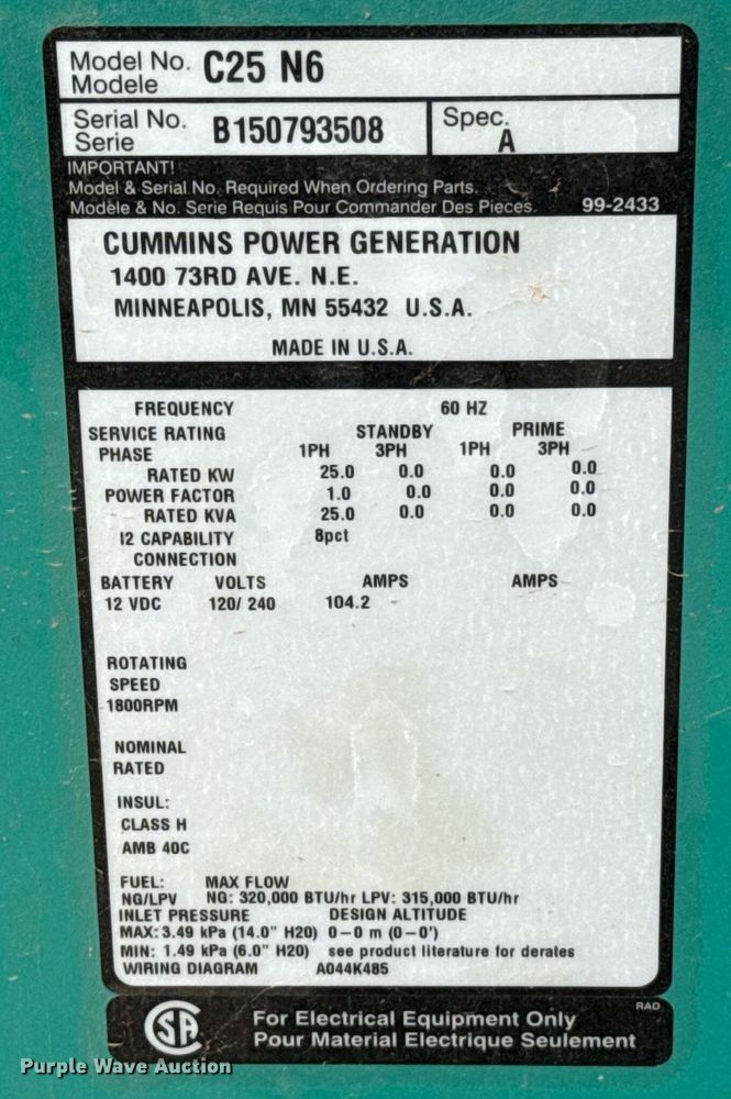image for item EJ4558 2015 Cummins C25 N6 generator