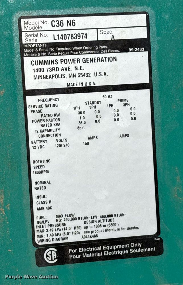 image for item EJ4560 2015 Cummins GG02-1424735 generator