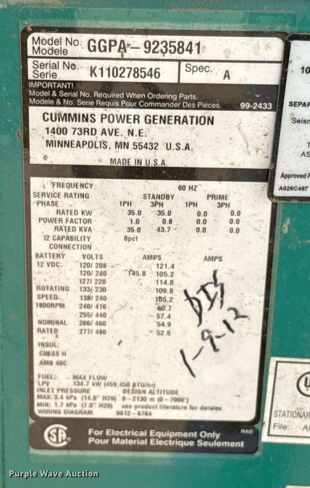 image for item EJ4561 2011 Cummins GGPA-9235841 generator