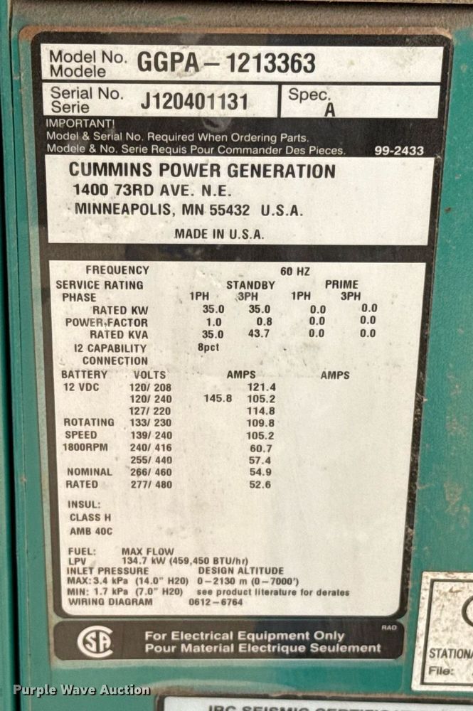 image for item EJ4562 2012 Cummins GGPA-1213363 generator
