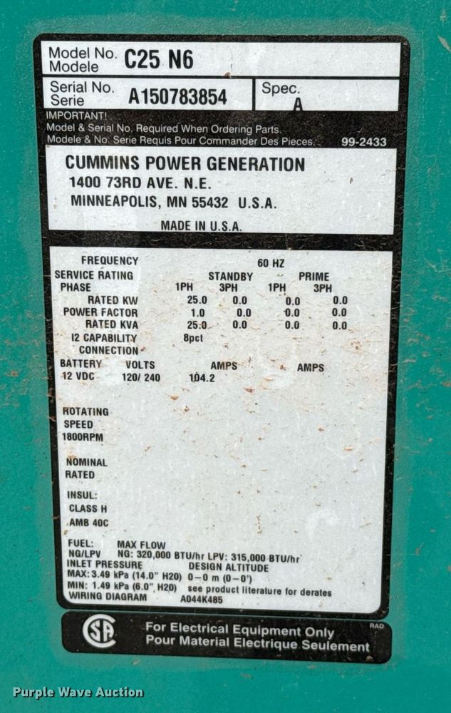 image for item EJ4563 2015 Cummins C25 N6 generator