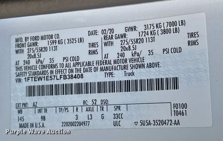 image for item EJ8807 2020 Ford F150 Platinum SuperCrew pickup truck