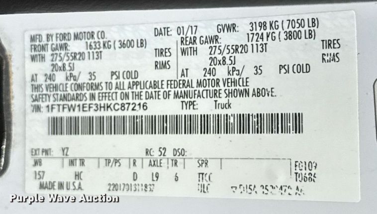 image for item EJ8808 2017 Ford F150 Lariat SuperCrew pickup truck