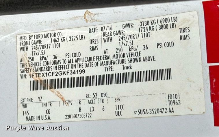 image for item EJ8809 2016 Ford F150 XL SuperCab pickup truck