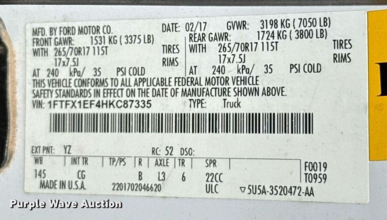 image for item EJ8810 2017 Ford F150 XL SuperCab pickup truck