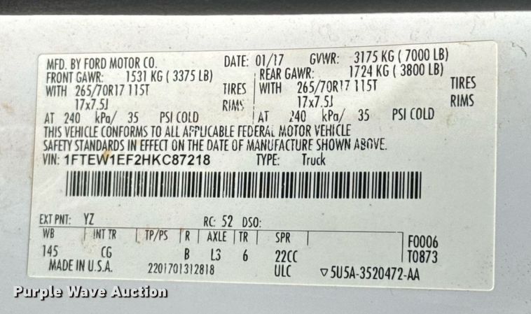 image for item EJ8812 2017 Ford F150 SuperCrew pickup truck