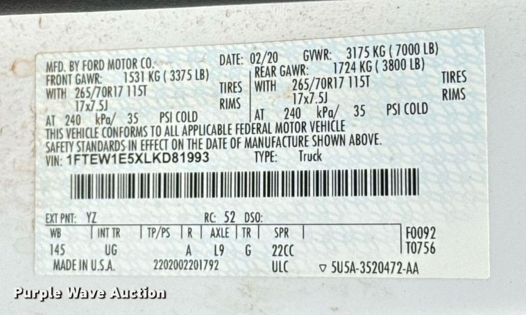 image for item EJ8814 2020 Ford F150 XLT SuperCrew pickup truck