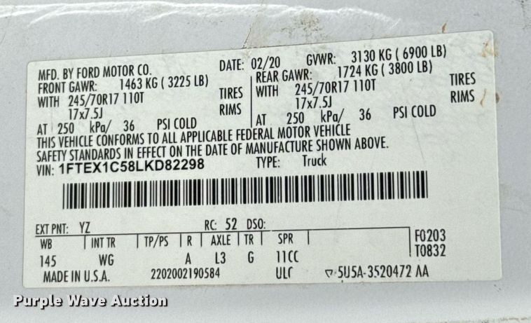 image for item EJ8816 2020 Ford F150 XL SuperCab pickup truck