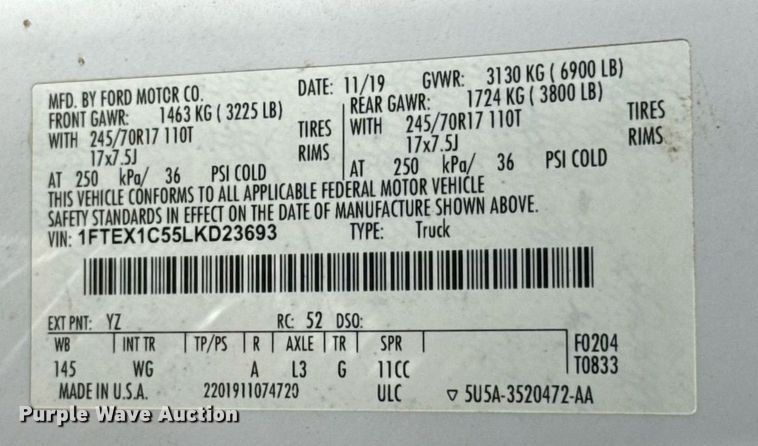 image for item EJ8818 2020 Ford F150 SuperCab pickup truck