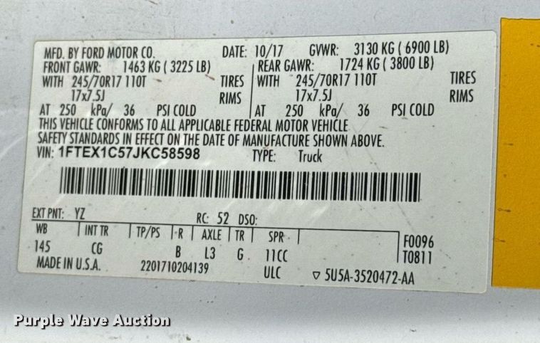 image for item EJ8820 2018 Ford F150 SuperCab pickup truck