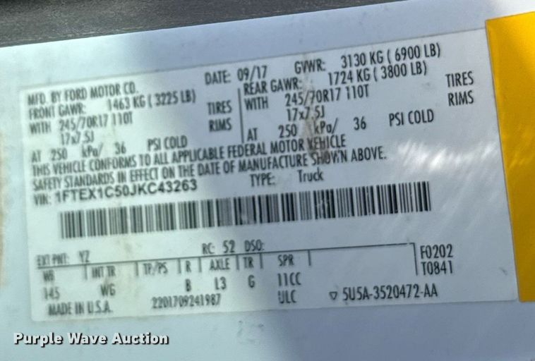 image for item EJ8821 2018 Ford F150 SuperCab pickup truck