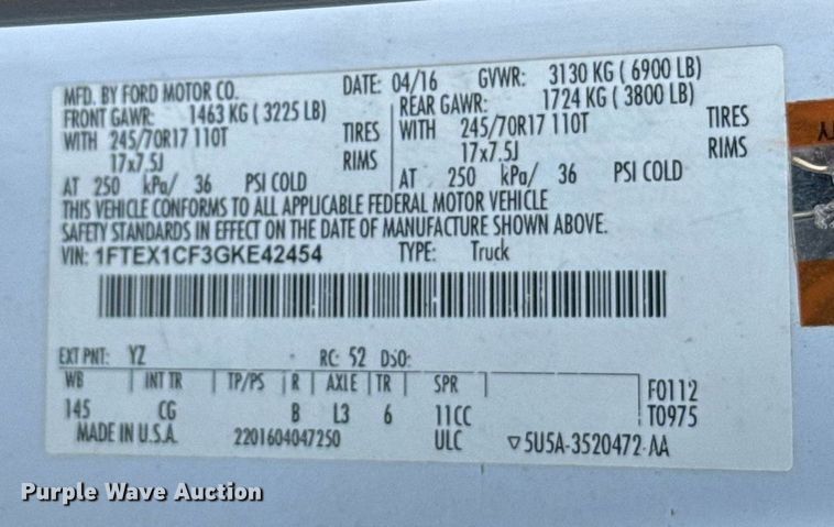 image for item EJ8824 2016 Ford F150 SuperCab pickup truck