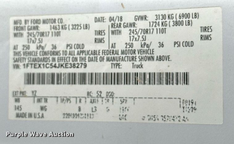 image for item EJ8825 2018 Ford F150 SuperCab pickup truck