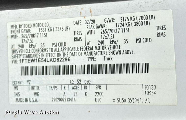 image for item EJ8826 2020 Ford F150 SuperCrew pickup truck