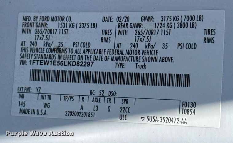 image for item EJ8830 2020 Ford F150 SuperCrew pickup truck