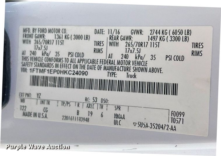 image for item EK8128 2017 Ford F150 XL pickup truck