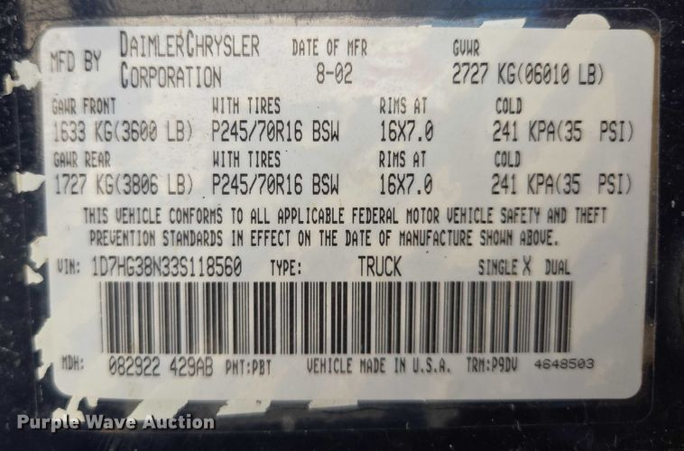 image for item EM7377 2003 Dodge Dakota Quad Cab pickup truck