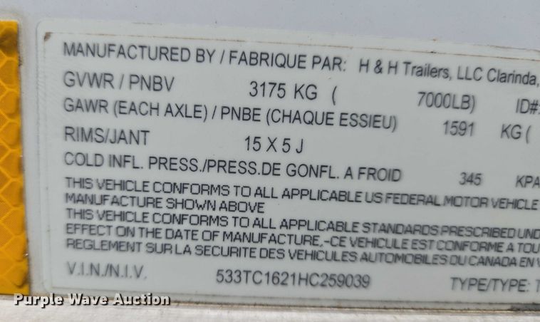 image for item EO0950 2017 H&H enclosed cargo trailer