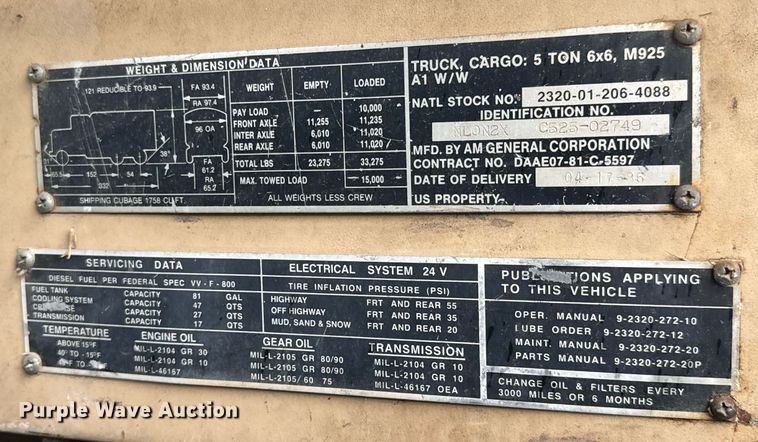 image for item EQ1484 1986 AM General Corporation M925 truck cab and chassis