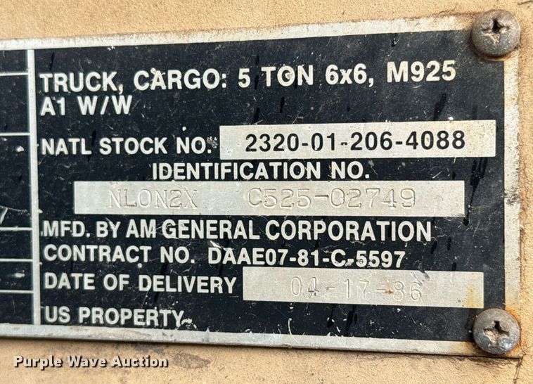 image for item EQ1484 1986 AM General Corporation M925 truck cab and chassis