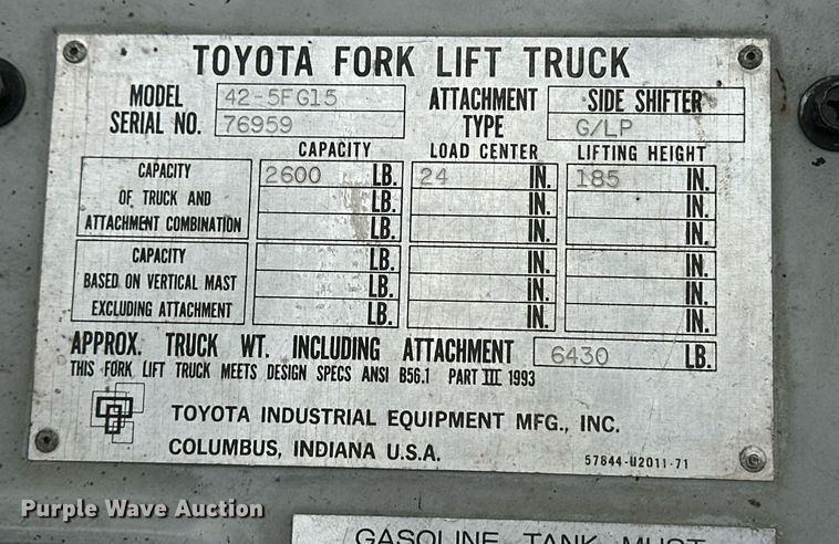 image for item EQ4790 1995 Toyota 42-5FG15 forklift