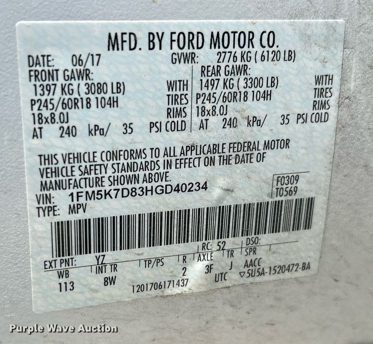 image for item EX9259 2017 Ford Explorer XLT SUV