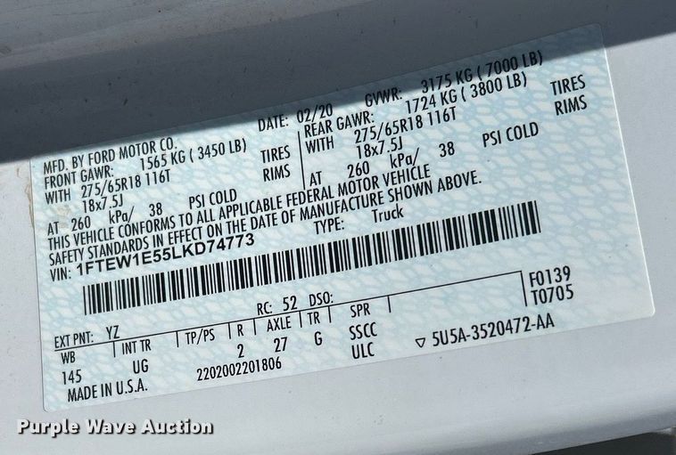 image for item EX9264 2020 Ford F150 XL SuperCrew pickup truck