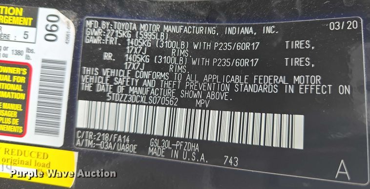 image for item YA0470 2020 Toyota Sienna handicap accessible van