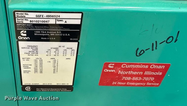 image for item DH9980 2001 Cummins Onan GGFE-4956524 generator