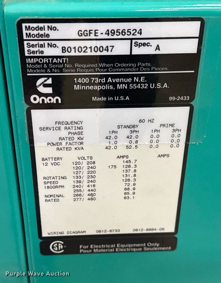 image for item DH9980 2001 Cummins Onan GGFE-4956524 generator