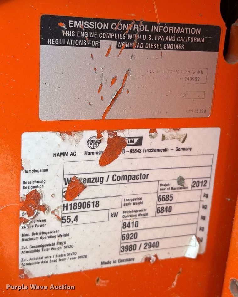 image for item DM1898 2012 Hamm 3307 single drum vibratory roller