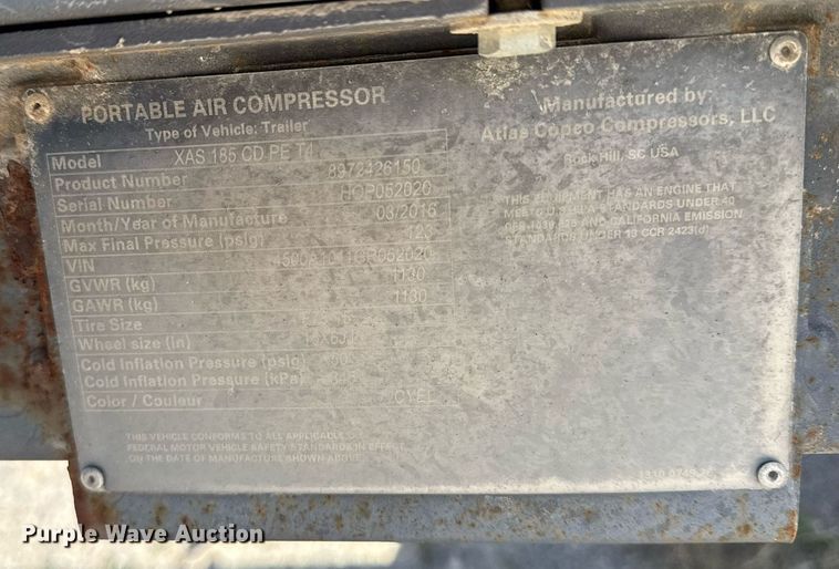 image for item DS3707 2016 Atlas Copco XAS 185 CD7 air compressor