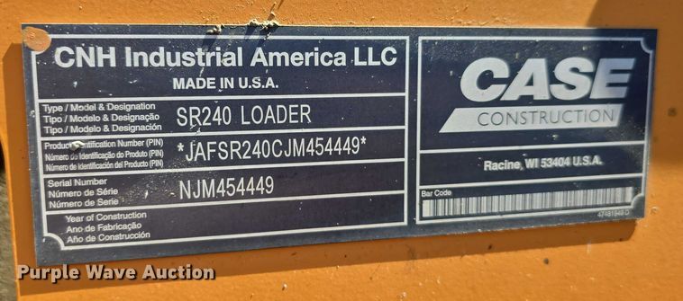 image for item DT6857 2018 Case SR240 skid steer loader