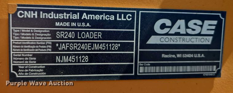 image for item DT6858 2018 Case SR240 skid steer loader