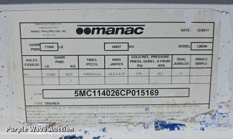 image for item DT6880 2012 Manac LBD40 bottom dump trailer