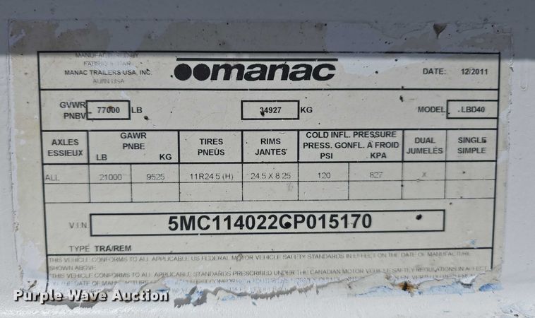 image for item DT6881 2012 Manac LBD40 bottom dump trailer