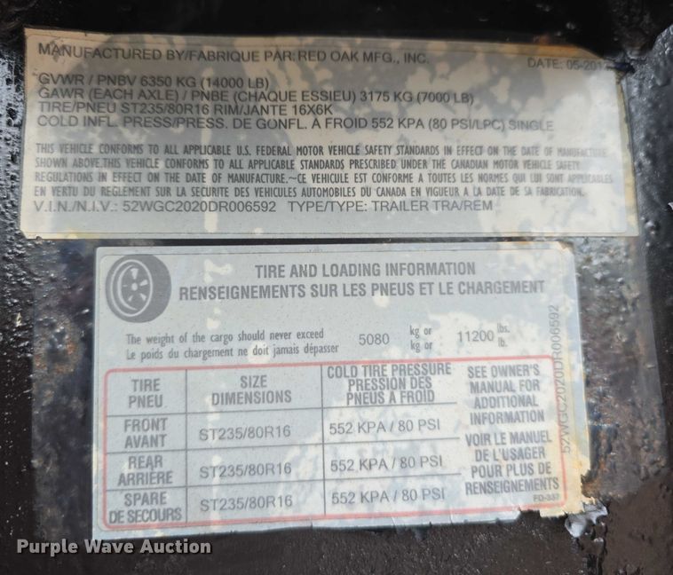 image for item DT6888 2013 Red Oak equipment trailer